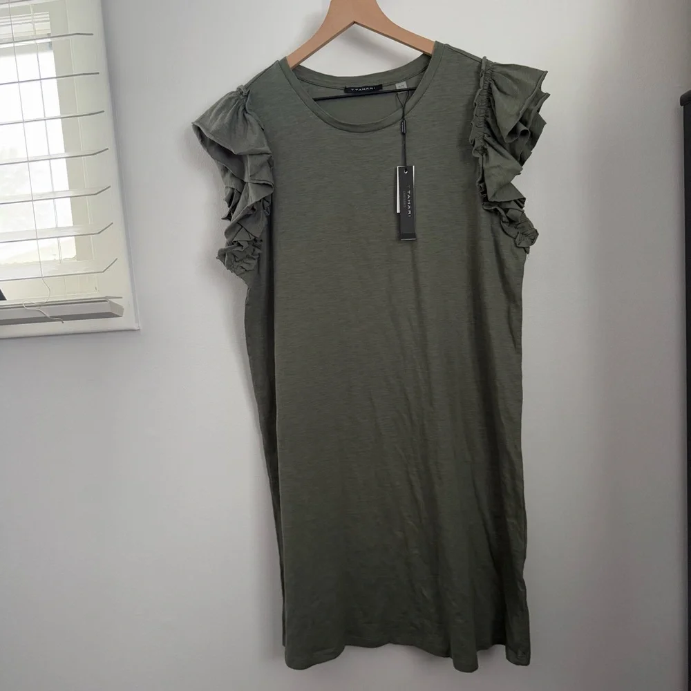 Tahari XL NEW Ruffle Sleeveless Cotton Dress Olive Green Pima Cotton Resort - Picture 1 of 6